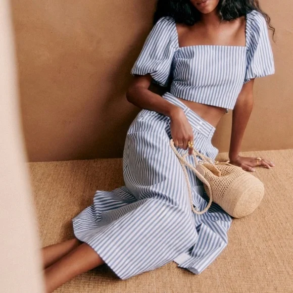 Sézane Clarine Flared Midi Skirt | Blue & White Striped| FR 34 / US 2 Twice Worn - Picture 2 of 9